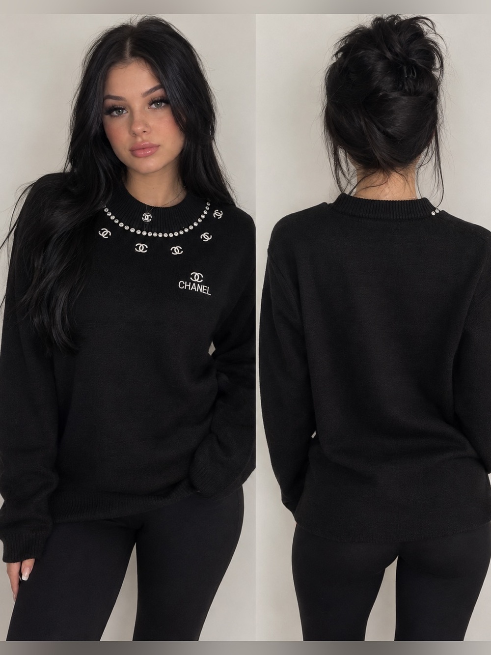 NWT beautiful fashionable Black Crewneck Sweater with Embellished Logo